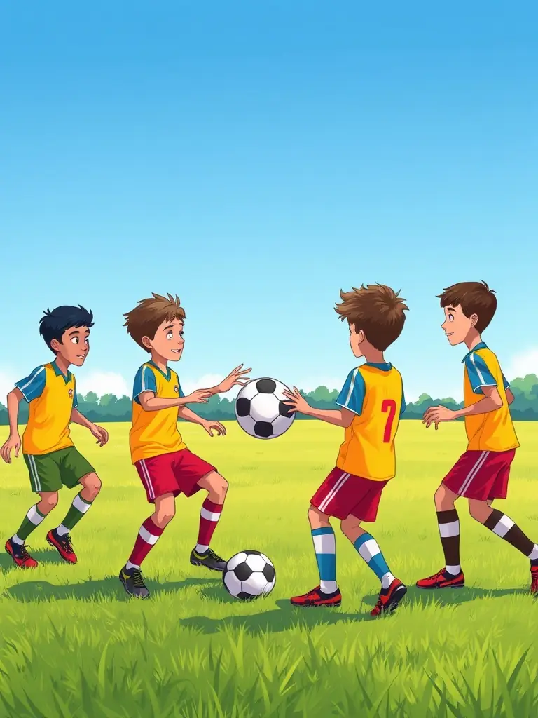 A group of young football players in GROUPEMENT JEUNES PLANEZE TRUYERE FOOTBALL, practicing drills on a sunny field, showcasing their teamwork and coordination.