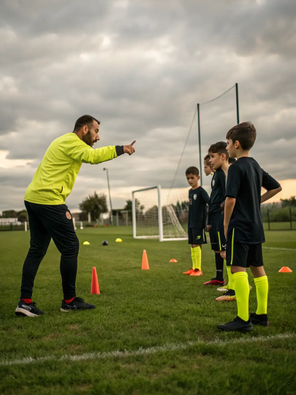 A coach giving instructions to young football players during a training session, highlighting the personalized attention and guidance provided.