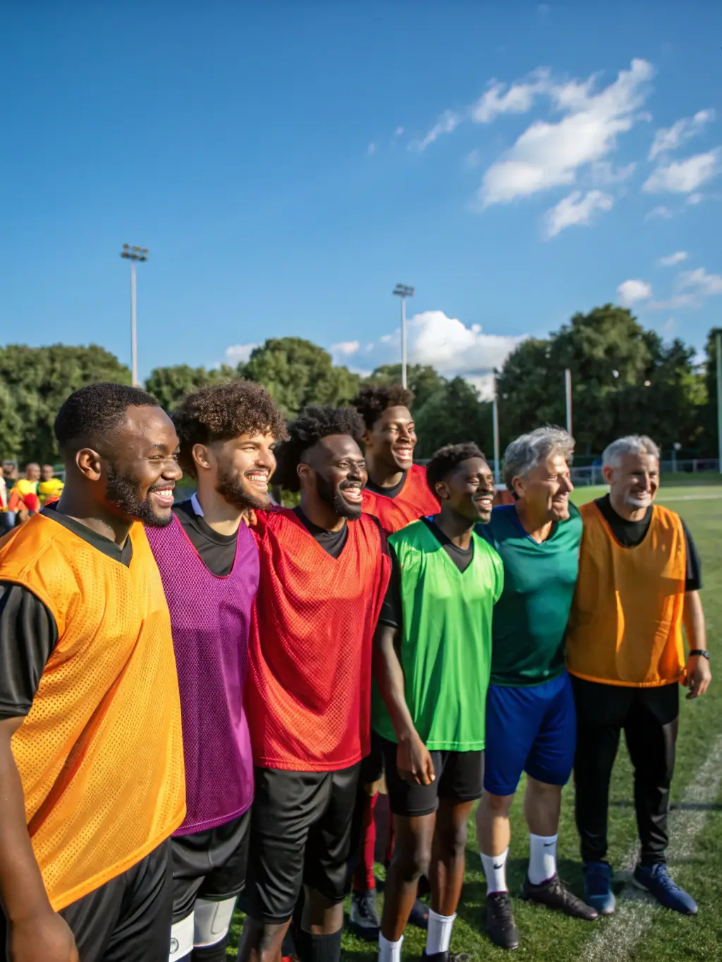A diverse group of young football players from GROUPEMENT JEUNES PLANEZE TRUYERE FOOTBALL, celebrating a victory, highlighting the inclusive and supportive environment of the club.