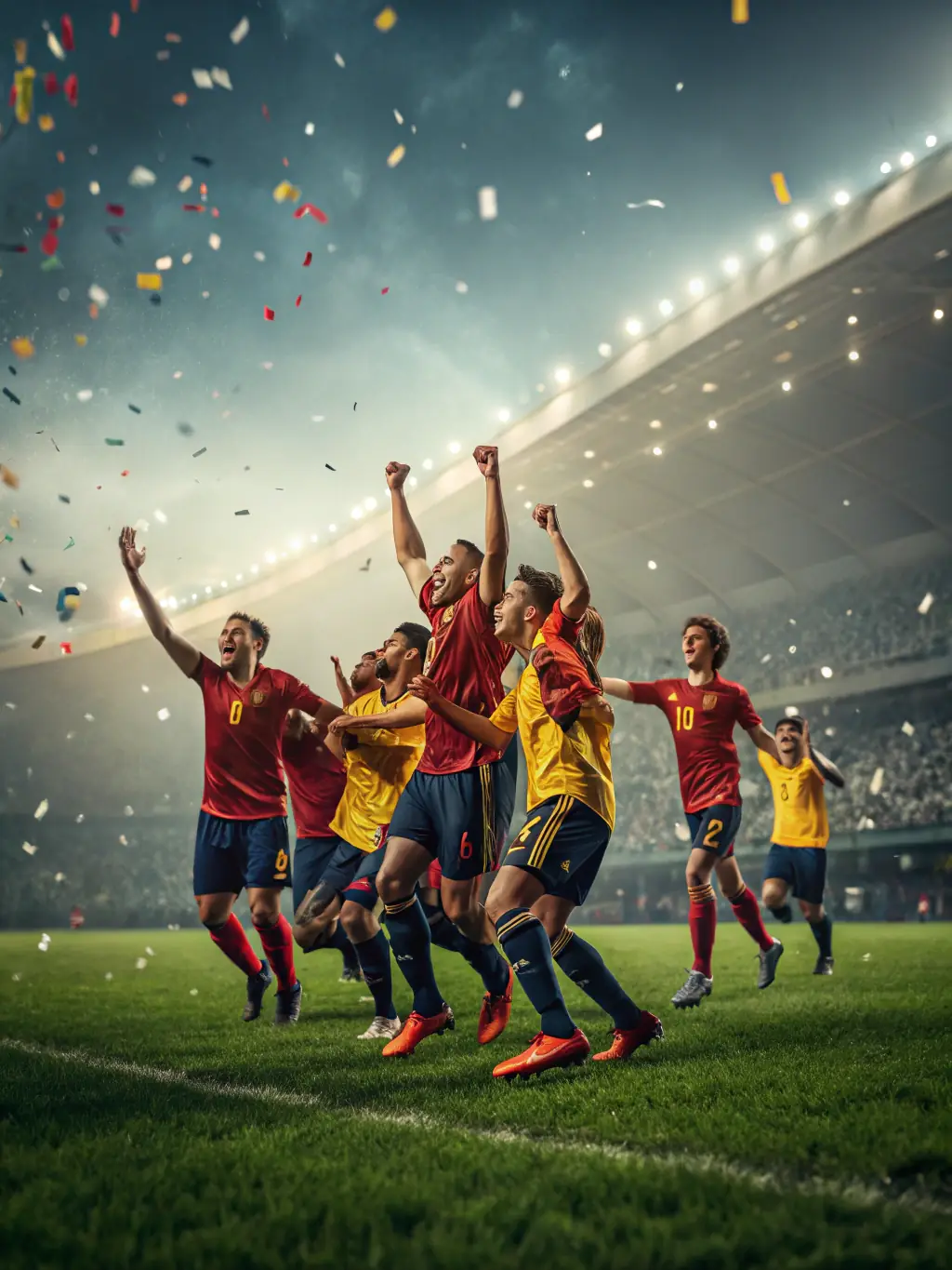 A group of young football players celebrating a goal, showcasing their teamwork and joy in a sunny stadium.