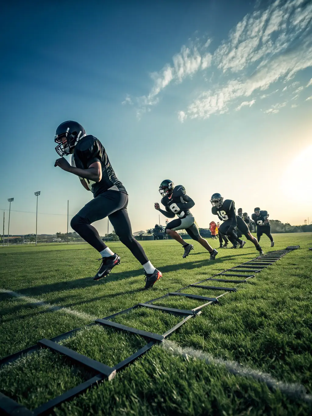 A dynamic shot of young football players in action during a training session, focusing on their agility and coordination drills.