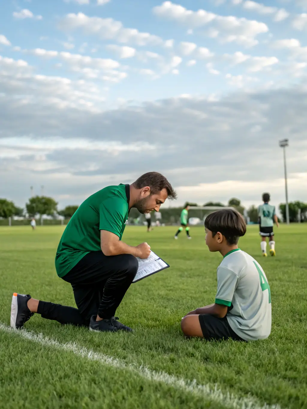 A photo of coaches providing personalized guidance to young players, emphasizing individual attention and mentorship.