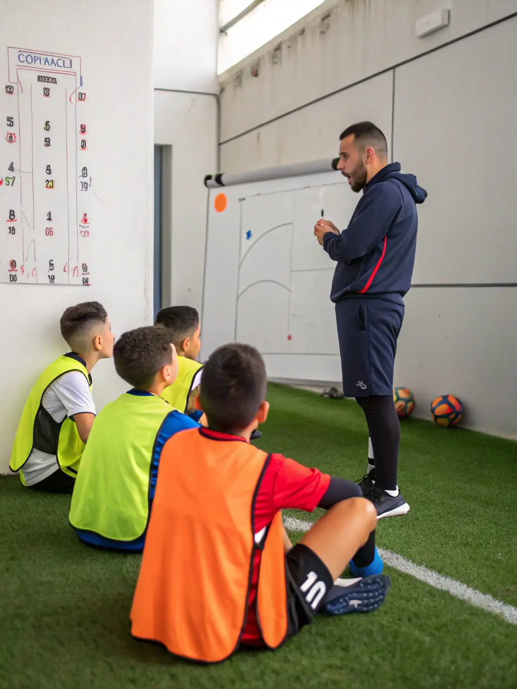 A coach from GROUPEMENT JEUNES PLANEZE TRUYERE FOOTBALL, guiding young players through a training session, emphasizing strategic gameplay and sportsmanship.