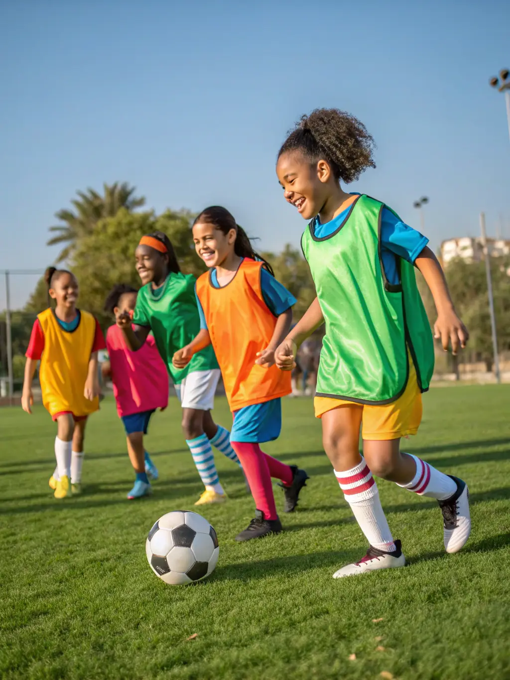 A diverse group of young football players standing together, symbolizing the inclusive community fostered by the organization.
